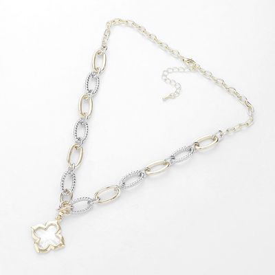 14K Gold Plated Two Tone Mother Of Pearl  Quatrefoil Pendant Necklace