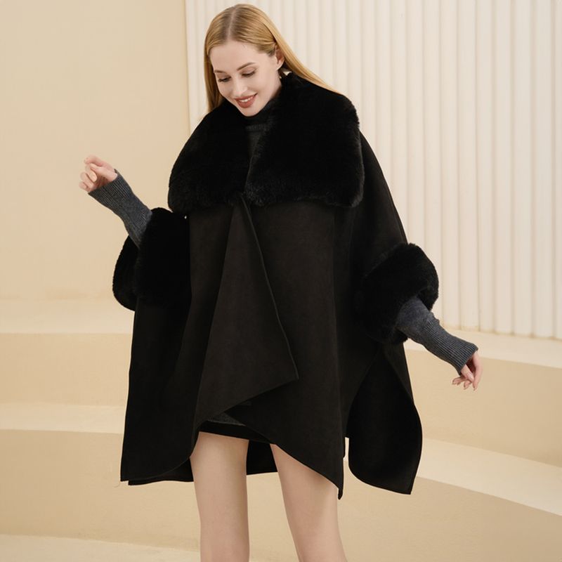 Faux Fur/Faux Sued Trimmed Solid Ruana Poncho