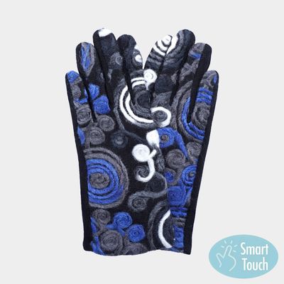 Blue Abstract Swirl Yarn Embroidered Smart Touch Gloves