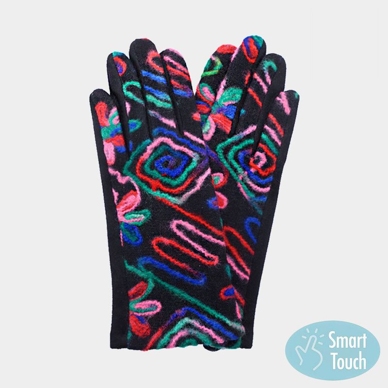 Multi Abstract Yarn Embroidered Smart Touch Gloves