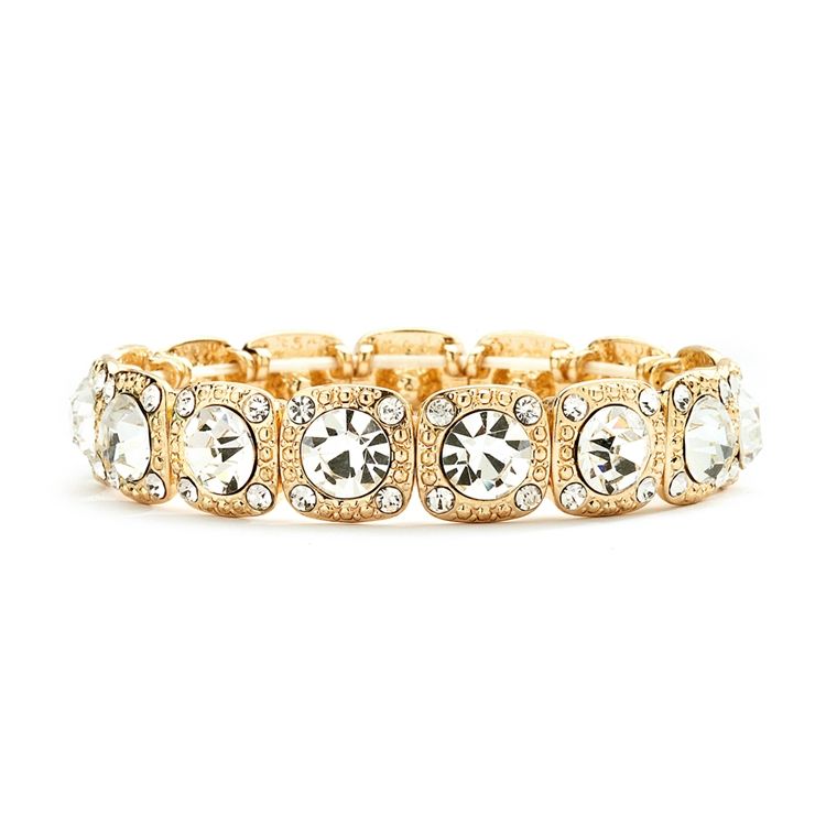 14K Plated Gold/Clear Crystal  Formal Stretch Bracelet