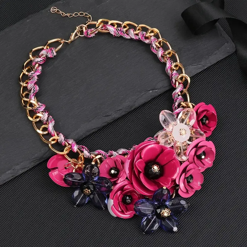 Gold Link Chain/Pink Floral Chunky Necklace