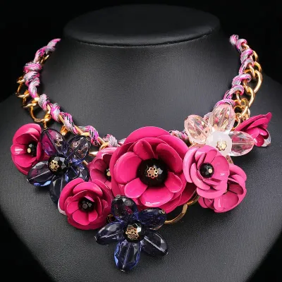 Gold Link Chain/Pink Floral Chunky Necklace