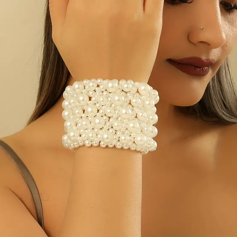 Handmade Wide Faux Pearl Cuff Bracelet