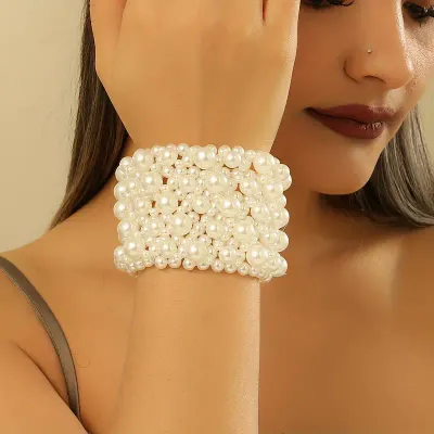 Handmade Wide Faux Pearl Cuff Bracelet