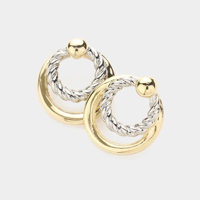 Designer Inspired 14K Gold Plated Two Tone Rope Circle Earrings