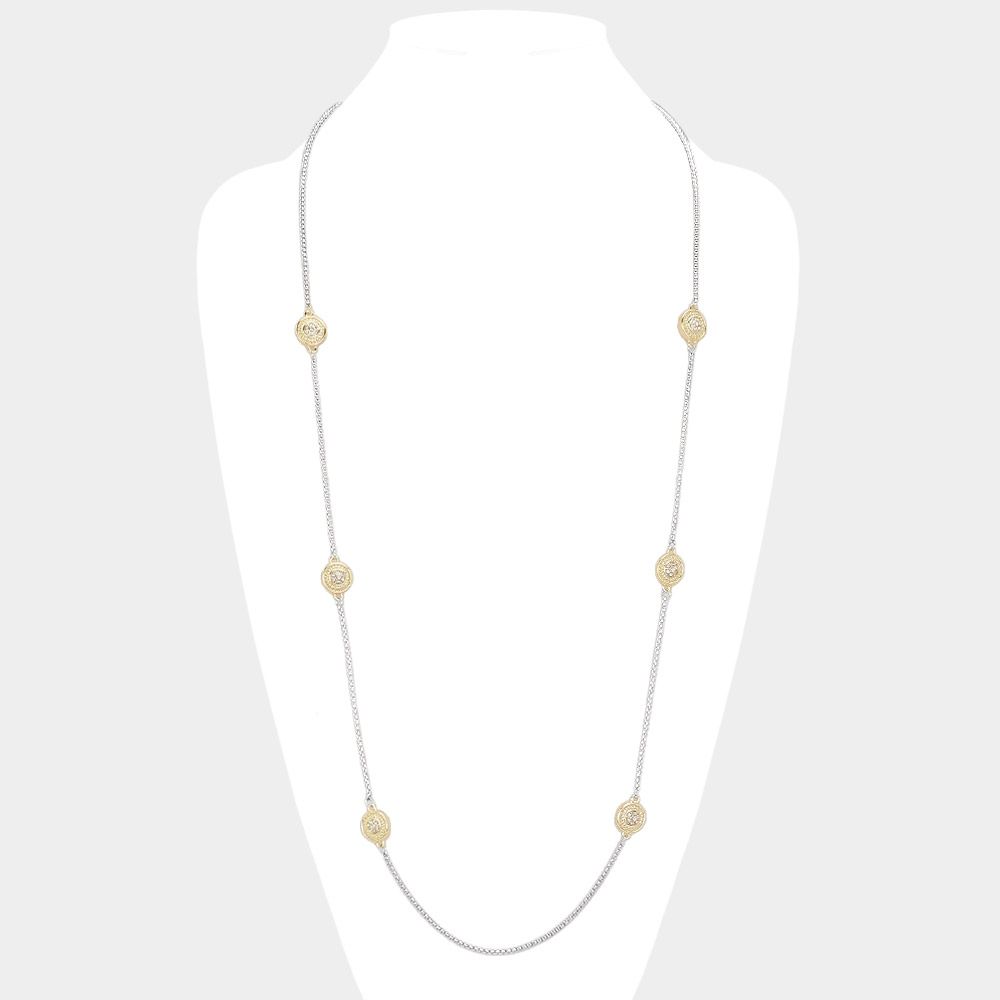 14K Gold Plated Two Tone Stone Paved Round Pendant