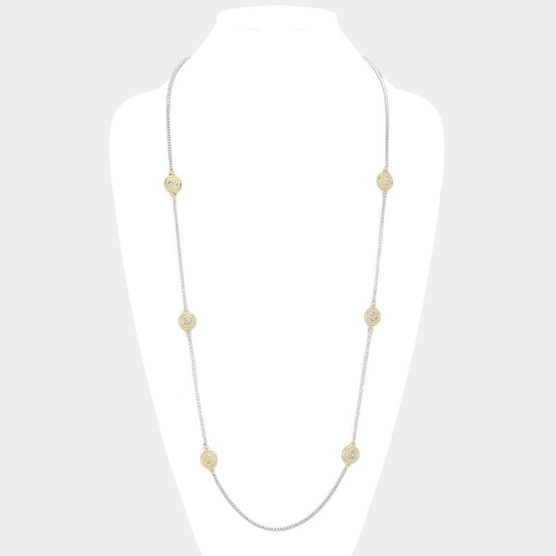 14K Gold Plated Two Tone Stone Paved Round Pendant