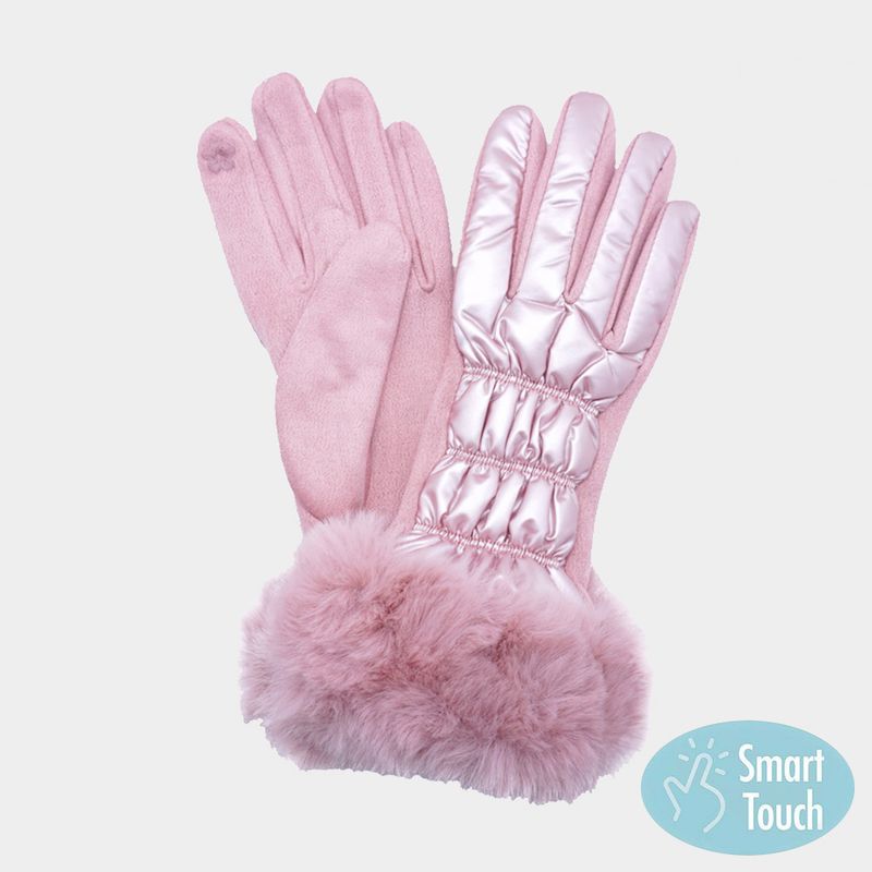 Faux Fur Cuff Puffer Smart Touch Gloves