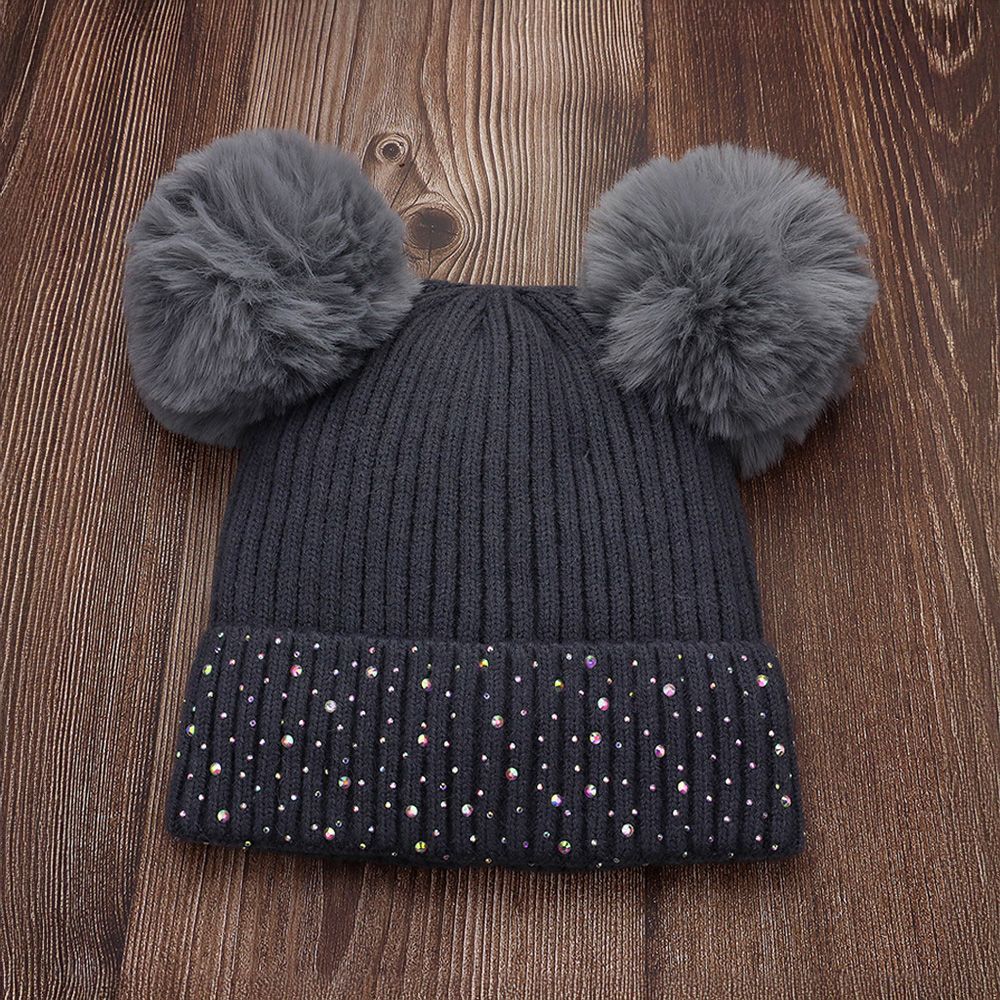 Double Pom Pom Bling Studded Cuff Beanie Hat