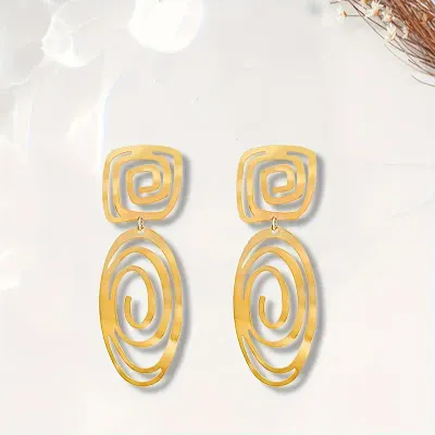 Golden Geometric Square And Oval Spiral Pattern Earrings
