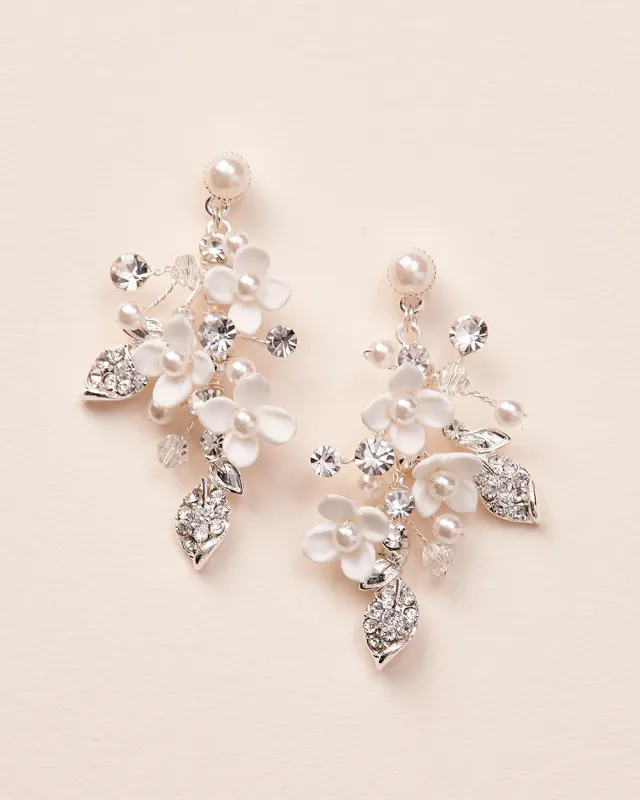 Clay Blossom Rhinestone Adorned Leaf Earrings