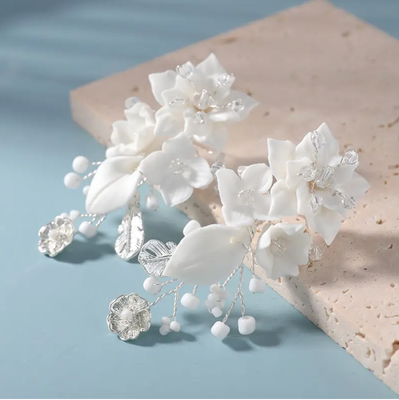 White Porcelain Hand Made Floral Formal Earrings