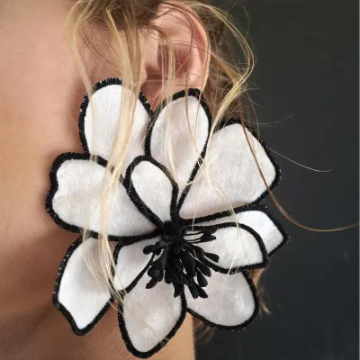 Large Cream/Black Light-Weight Fabric Flower Earrings