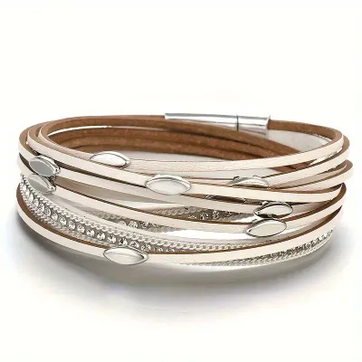 Faux Leather Multi-Layer Rhinestone Wrap Bracelet 