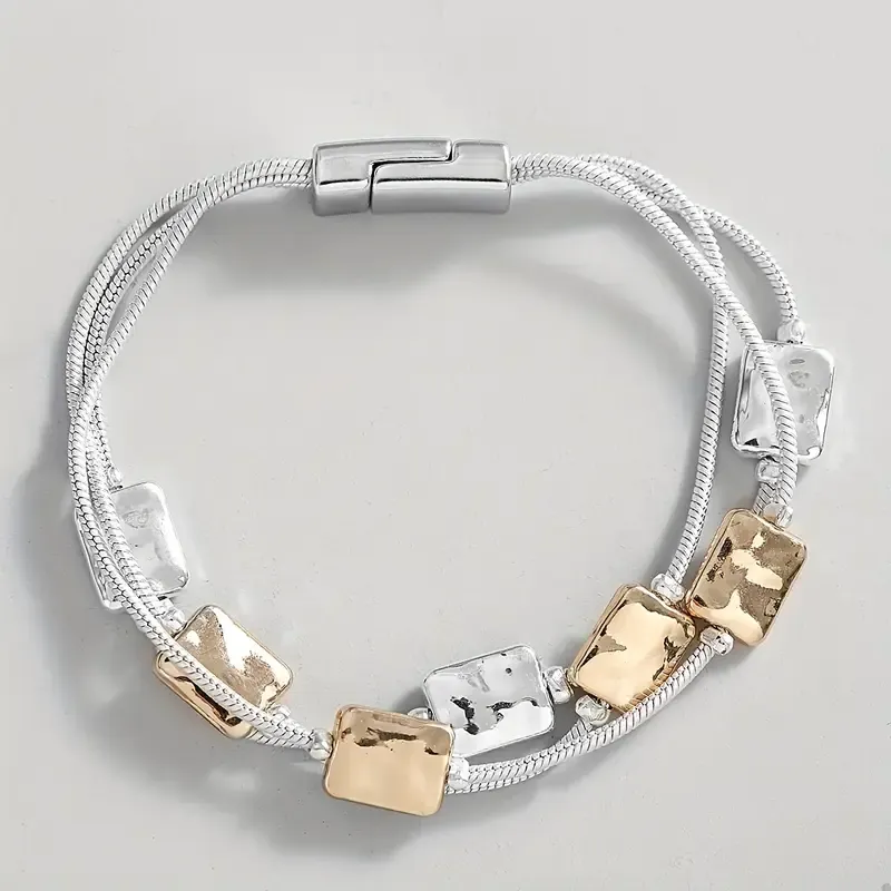 Multi Layer Silver Chain Magnetic Bracelet With Silver/Gold Squares