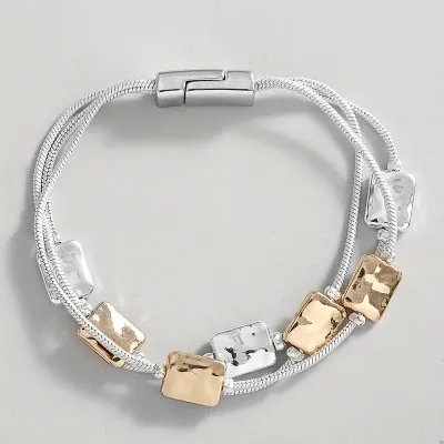 Multi Layer Silver Chain Magnetic Bracelet With Silver/Gold Squares