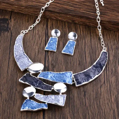 Navy/Light Blue  Silver  Abstract Necklace Set