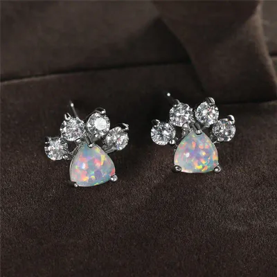 Tiny Crystal/Faux Opal Paw Print Earrings