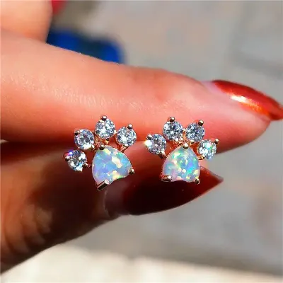 Tiny Crystal/Faux Opal Paw Print Earrings