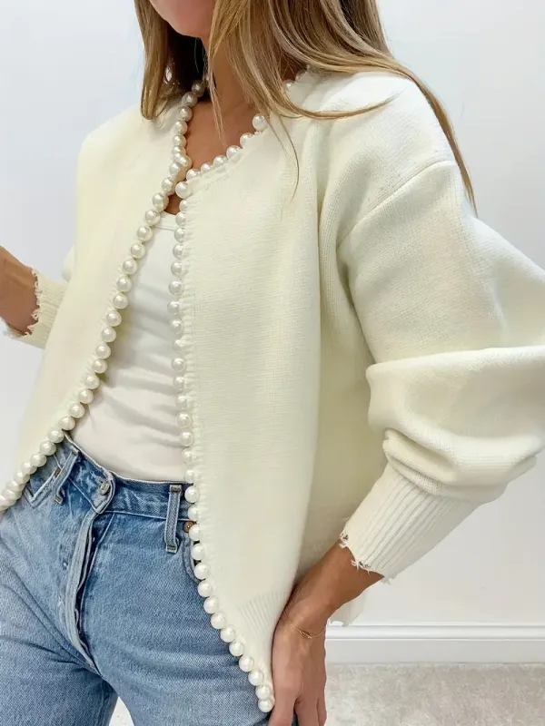 Elegant Pearl-Trimmed Cardigan with Distressed Hem