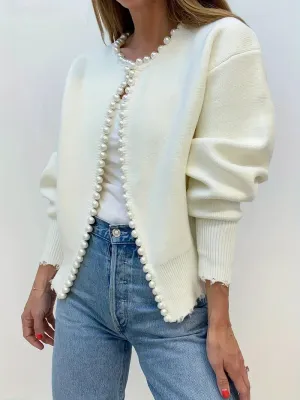 Elegant Pearl-Trimmed Cardigan with Distressed Hem