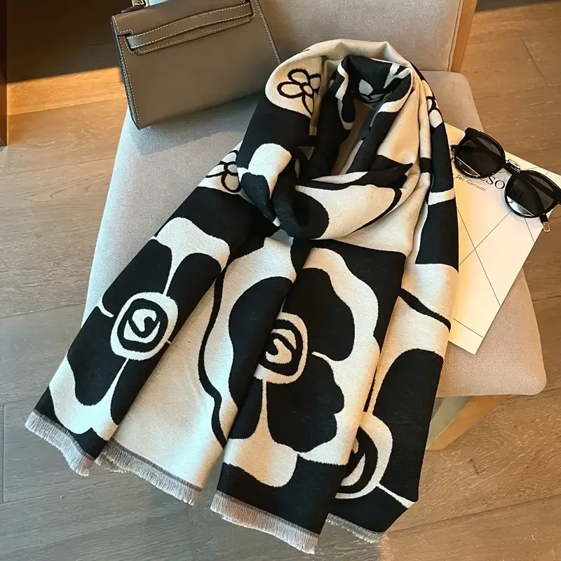 Beautiful Black/Cream Floral Cashmere Like Shawl