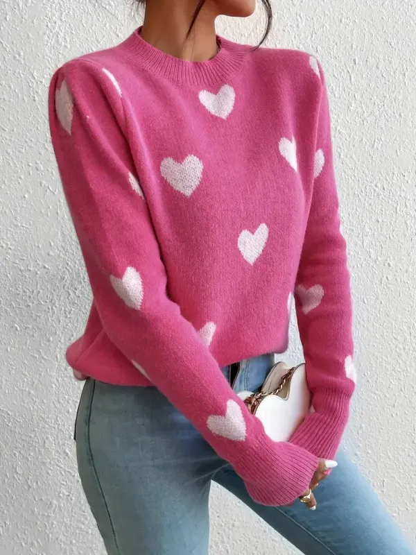 Soft Pink Heart Print Crew Neck Pullover Sweater