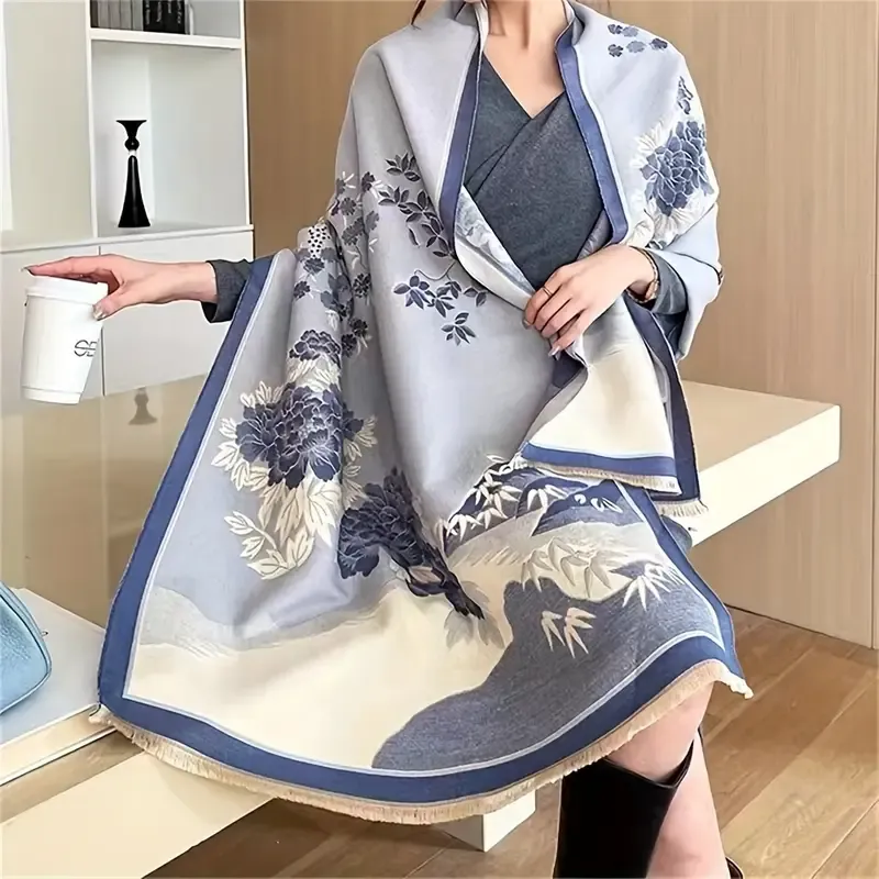 Dusty Blue/Cream Elegant Floral Jacquard Scarf/Shawl