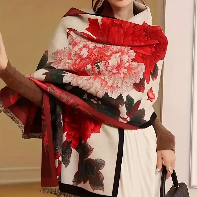 Red/Black/Beige Vintage Floral Jacquard Scarf