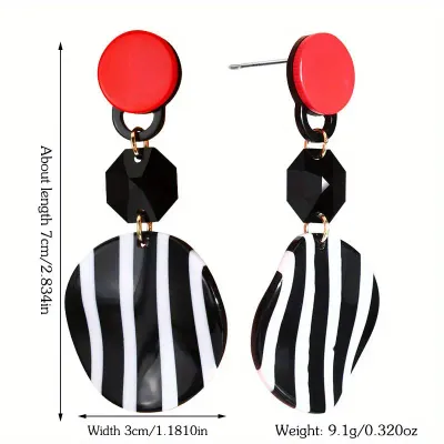 Red/Black/White Striped Geometric Drop Earrings