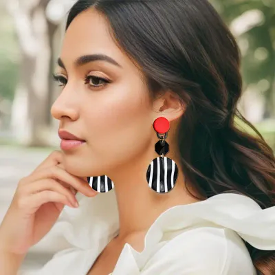Red/Black/White Striped Geometric Drop Earrings