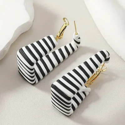 Vintage Classic Black and White Striped Rectangle Hoop Earrings