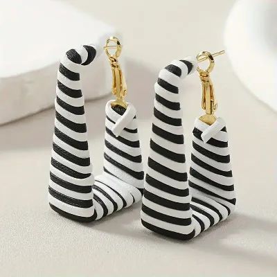 Vintage Classic Black and White Striped Rectangle Hoop Earrings