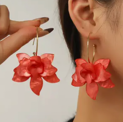 Gold Hoop Acrylic 3D Flower Dangle Earring