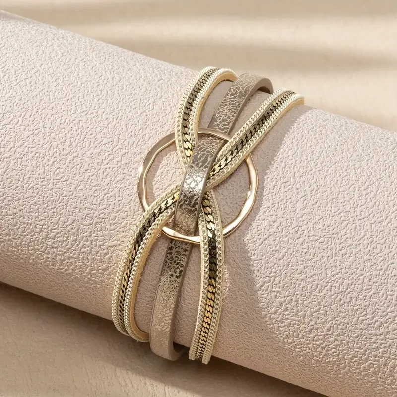 Metallic Vegan Leather Interlocking Gold Circle Magnetic Bracelet