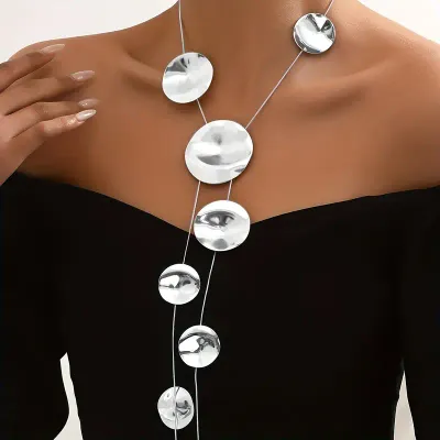 Scattered Silver Round Spaced Long Unique Necklace