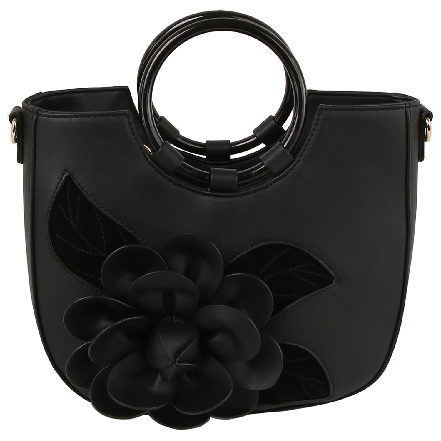 Vegan Black Leather 3D Flower Front  Satchel 