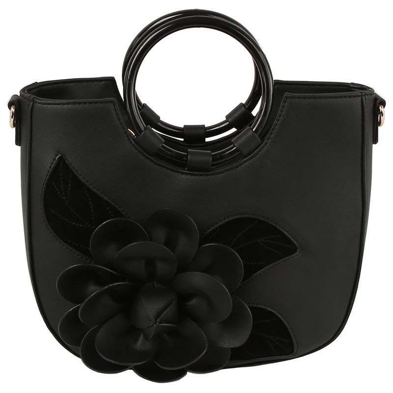 Vegan Black Leather 3D Flower Front  Satchel 