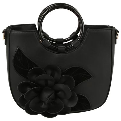 Vegan Black Leather 3D Flower Front  Satchel 