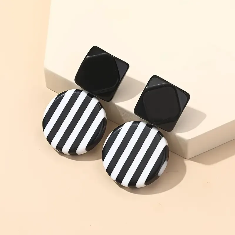 Black Square Round Stripe Dangle Earring