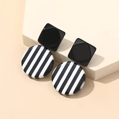 Black Square Round Stripe Dangle Earring