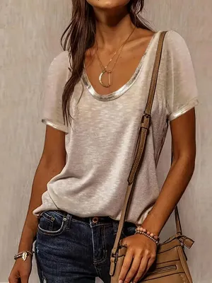 Khaki Crew Neck Tee with Soft Gold Trim