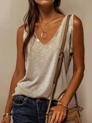 Khaki V Neck Tank with Soft Gold Trim