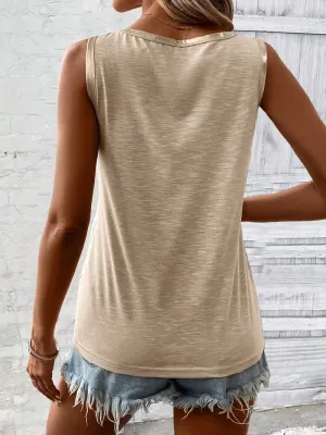 Khaki V Neck Tank with Soft Gold Trim