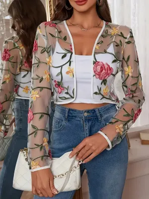 Open Front Jacket with Floral Embroidered Print