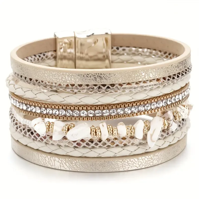 Cream/Beige Vegan Leather Multi Stone/Rhinestone Magnetic Cuff