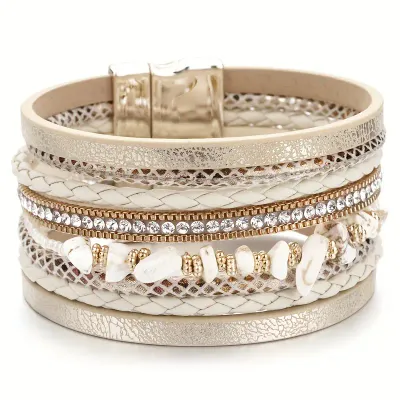 Cream/Beige Vegan Leather Multi Stone/Rhinestone Magnetic Cuff