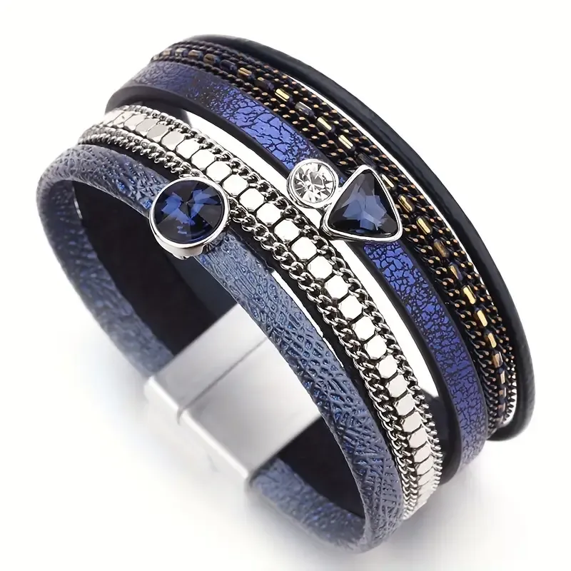 Navy Blue Vegan Leather/Crystal/Chain Magnetic Bracelet