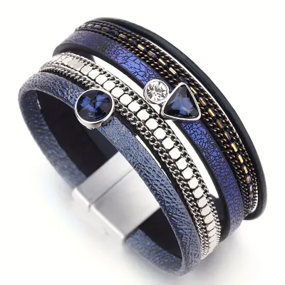 Navy Blue Vegan Leather/Crystal/Chain Magnetic Bracelet